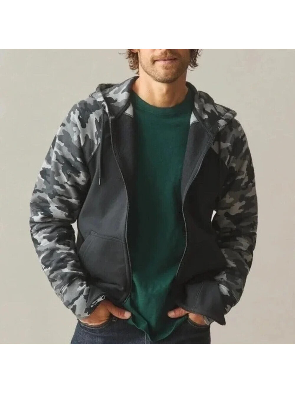 American Giant Sz L Heavy Black & Gray Camo Raglan Sleeve Zip Front Hoodie NWOT